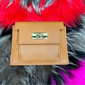 Brown Genuine Epsom Leather Coin Purse Compact Card Holder with Gold Hardware.